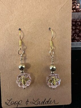 Gold Bee Drop Earrings in Light Pink/Purple